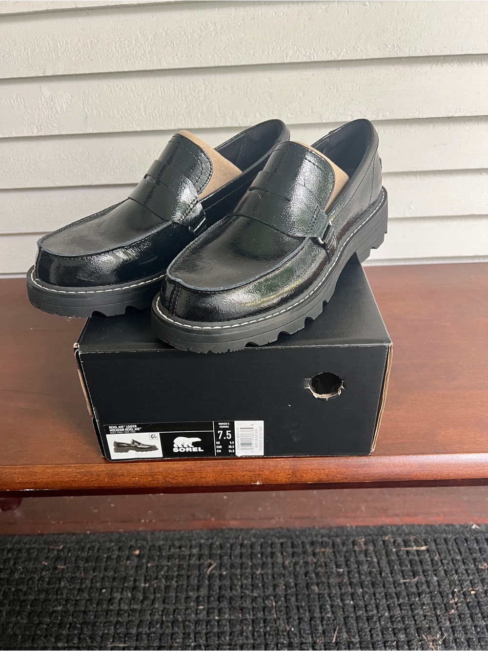 Sorel Black Patent Leather Lug-Sole Penny Loafers - Picture 2 of 7